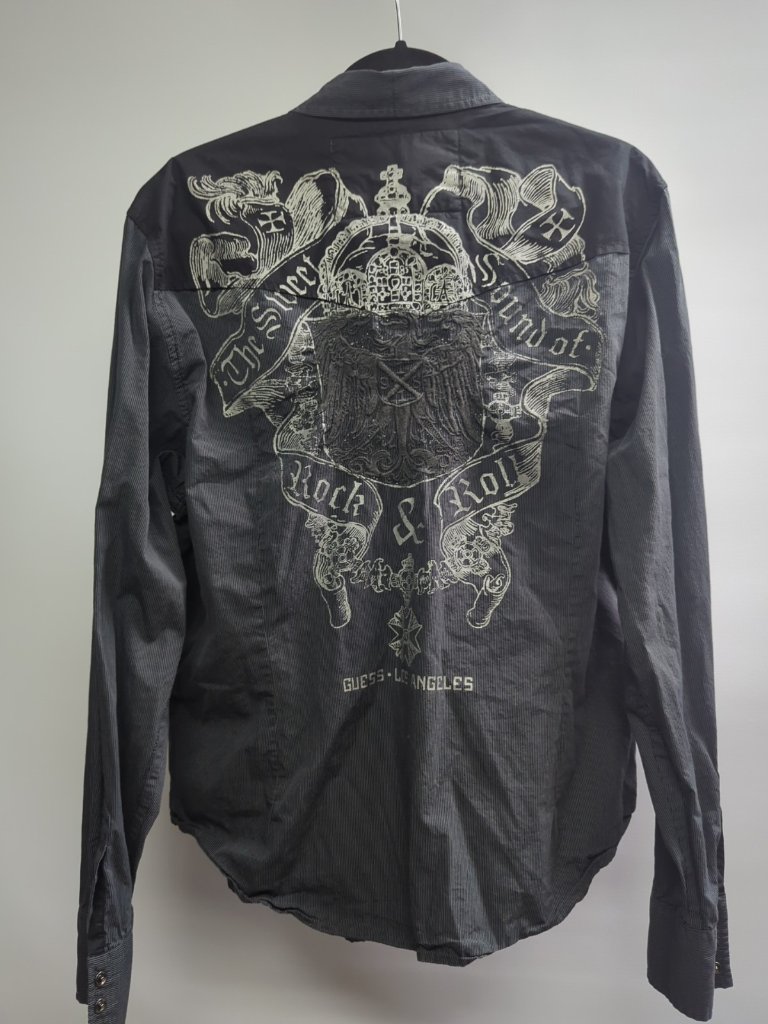 Y2k Guess Rock N Roll Snap Shirt Black Striped Embroidered Retro Men’s Sz Xl